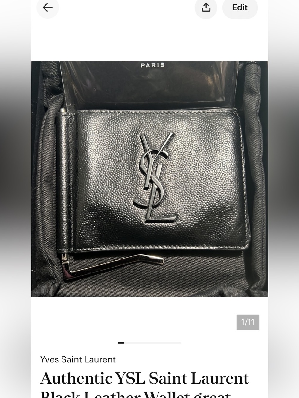 Authentic YSL Saint Laurent Black Leather Wallet great Gift Rare Money clip!